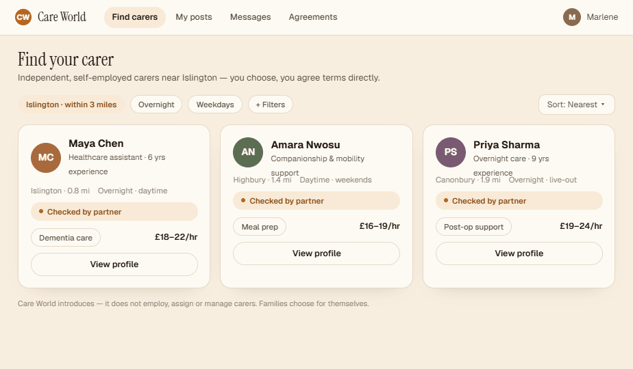 Care World — the carer directory, browsing carers near you