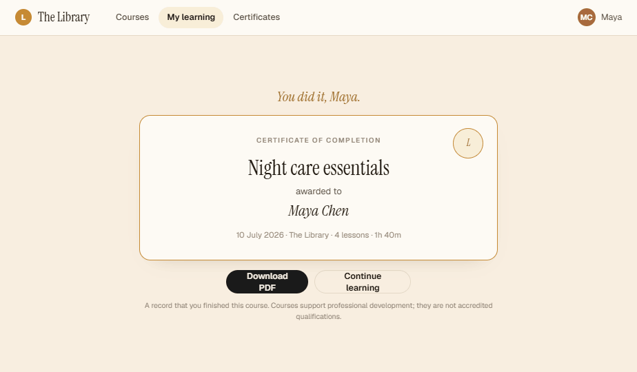 A certificate of completion, earned