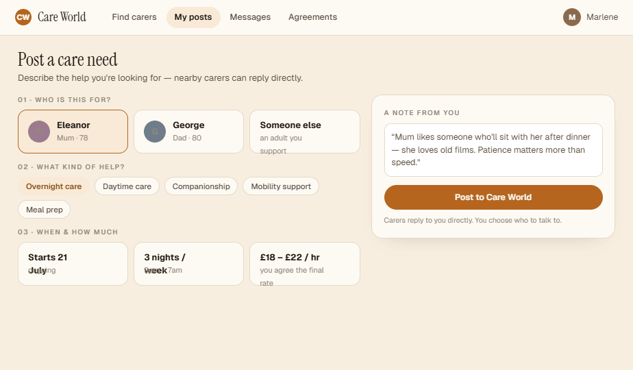 Posting a care need — the 'Ask for help' form