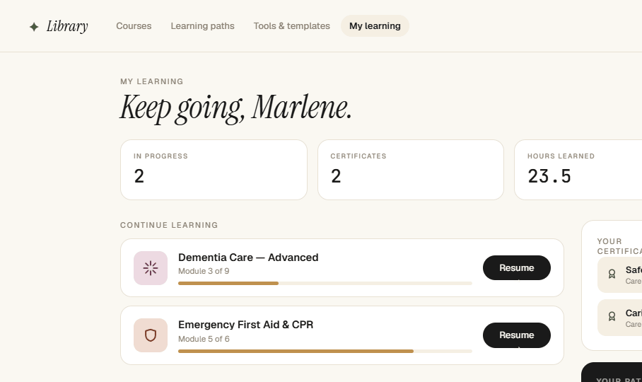 The my-learning dashboard